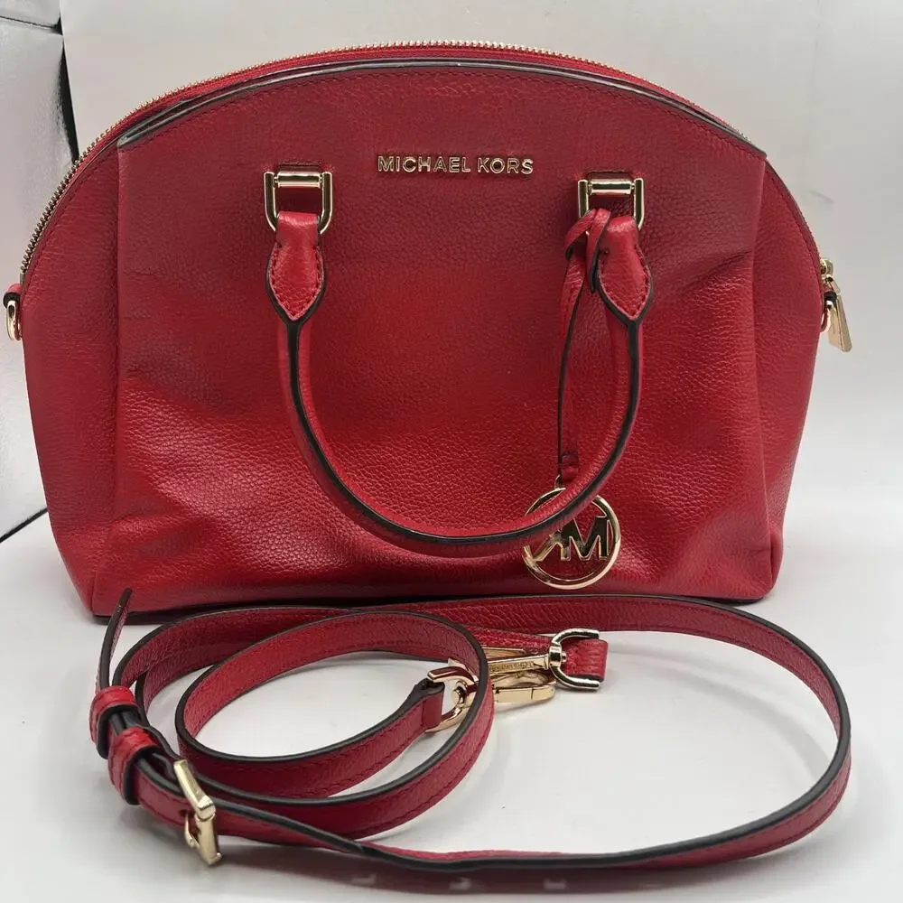 Michael Kors Bright Red Dome Satchel Adele Scarlet Crossbody Bag Pebbled Leather